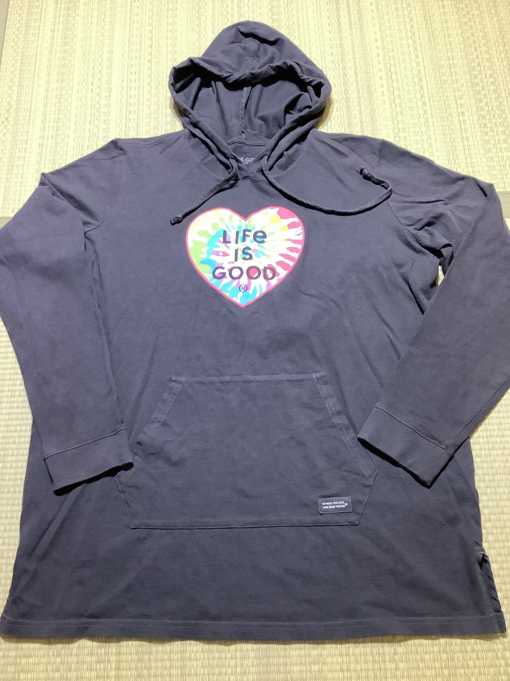 Life Is Good Crusher Hoodie Tunic with Rainbow Tie-Dye Heart Women’s XL